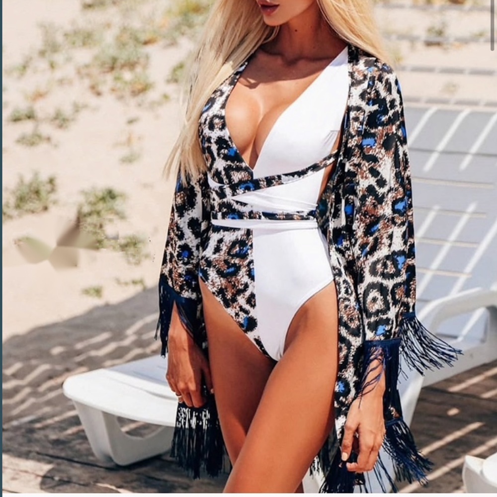Cheetah swimwear coverup with tassels